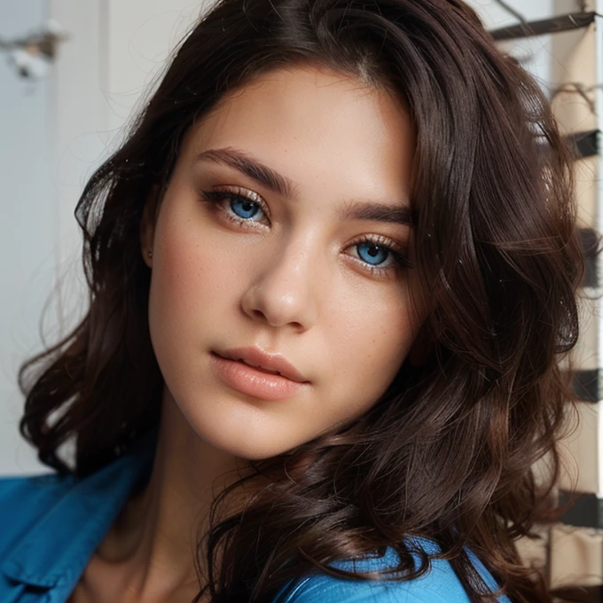 Gorgeous woman with long black hair and blue shirt posing for a picture, grey blue symmetric eyes, detailed flawless face, close up face, detailed unblurred face, profile image, headshot profile picture, 20 years old woman, 20 years old woman, full face close up portrait, real detailed face, perfect detailed face