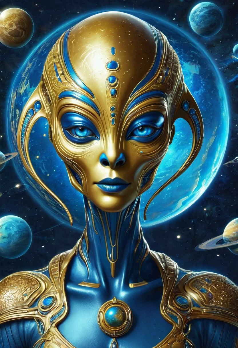 illustration，illustration，Golden Alien Portrait，Blue Background，Planet Decoration，Artistic Creativity:1.37