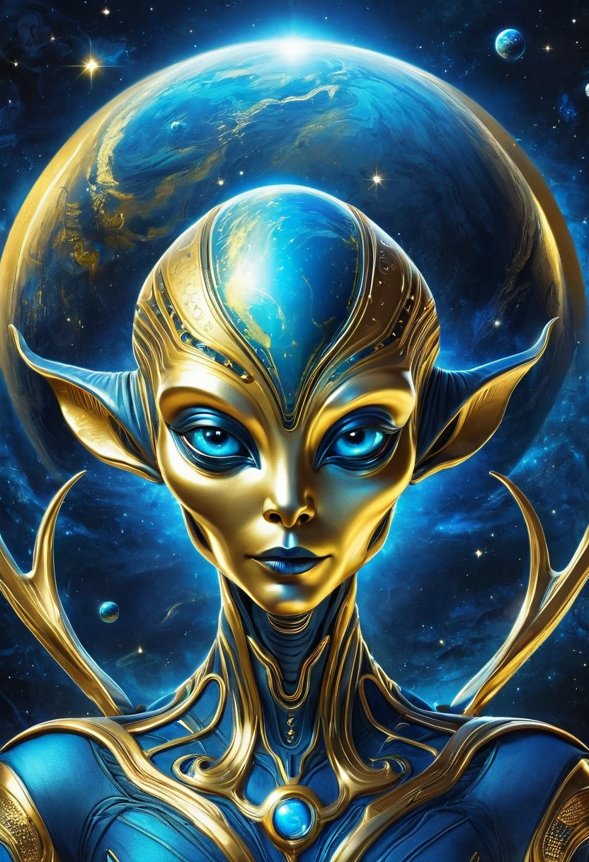 illustration,illustration,Golden Alien Portrait,Blue Background,Planet Decoration,Artistic Creativity:1.37