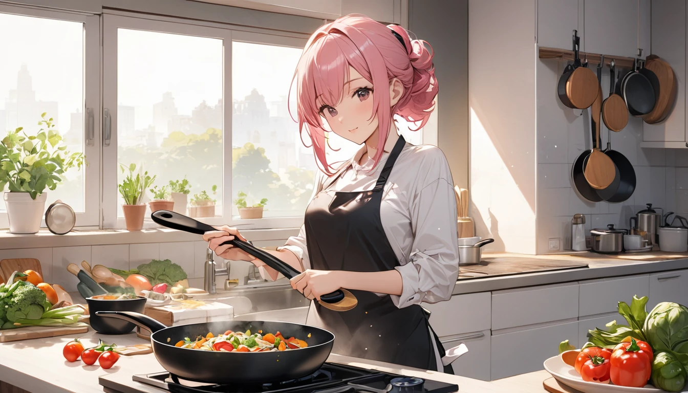 (Highest quality), Girl preparing food in kitchen with vegetables and frying pan,Pink Hair