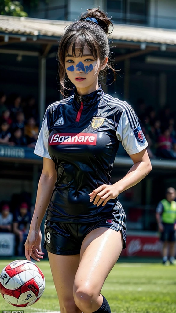 Highest quality, High resolution:1.2, Super detailed, Realistic:1.3, ((Beautiful woman))、((Ultra tight uniform))、((Big Breasts))、Vibrant colors, play soccer,((blunt bangs))、Has bangs、Wet Hair, Concentration, Splash, Action Shots, Grass blotches, Muddy ground, Wet turf, Decide, Fast-paced games, Athletic physique, Shiny soccer ball, Wet uniform, raindrop, Blurred motion, Focus on the ball, Intense competition, Skillful dribbling, Energetic play, Teamwork, powerful shoots, Wet pitch, Passionate sports, Fierce Decide, Humid atmosphere, Fluid movement, emotional expression、Dramatic lighting, Women's Sports, Avid athletes, Exciting Games, endure, Excited state, Speed and agility, Energetic play, 濡れたSplash、smile、Red and black uniform、