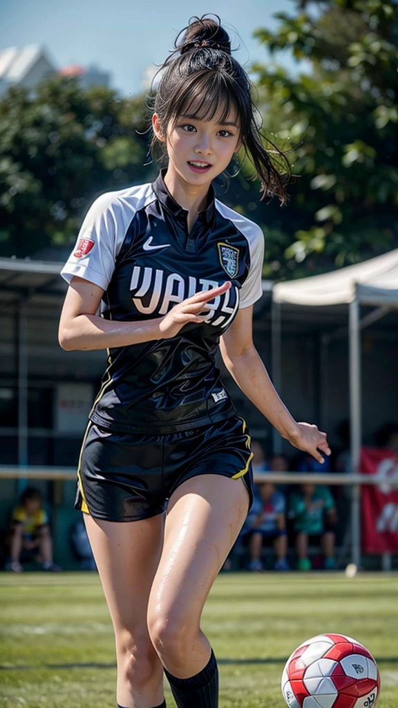 Highest quality, High resolution:1.2, Super detailed, Realistic:1.3, ((Beautiful woman))、((Ultra tight uniform))、Big Breasts、Vibrant colors, play soccer,((blunt bangs))、Has bangs、Wet Hair, Concentration, Splash, Action Shots, Grass blotches, Muddy ground, Wet turf, Decide, Fast-paced games, Athletic physique, Shiny soccer ball, Wet uniform, raindrop, Blurred motion, Focus on the ball, Intense competition, Skillful dribbling, Energetic play, Teamwork, powerful shoots, Wet pitch, Passionate sports, Fierce Decide, Humid atmosphere, Fluid movement, emotional expression、Dramatic lighting, Women's Sports, Avid athletes, Exciting Games, endure, Excited state, Speed and agility, Energetic play, 濡れたSplash、smile、