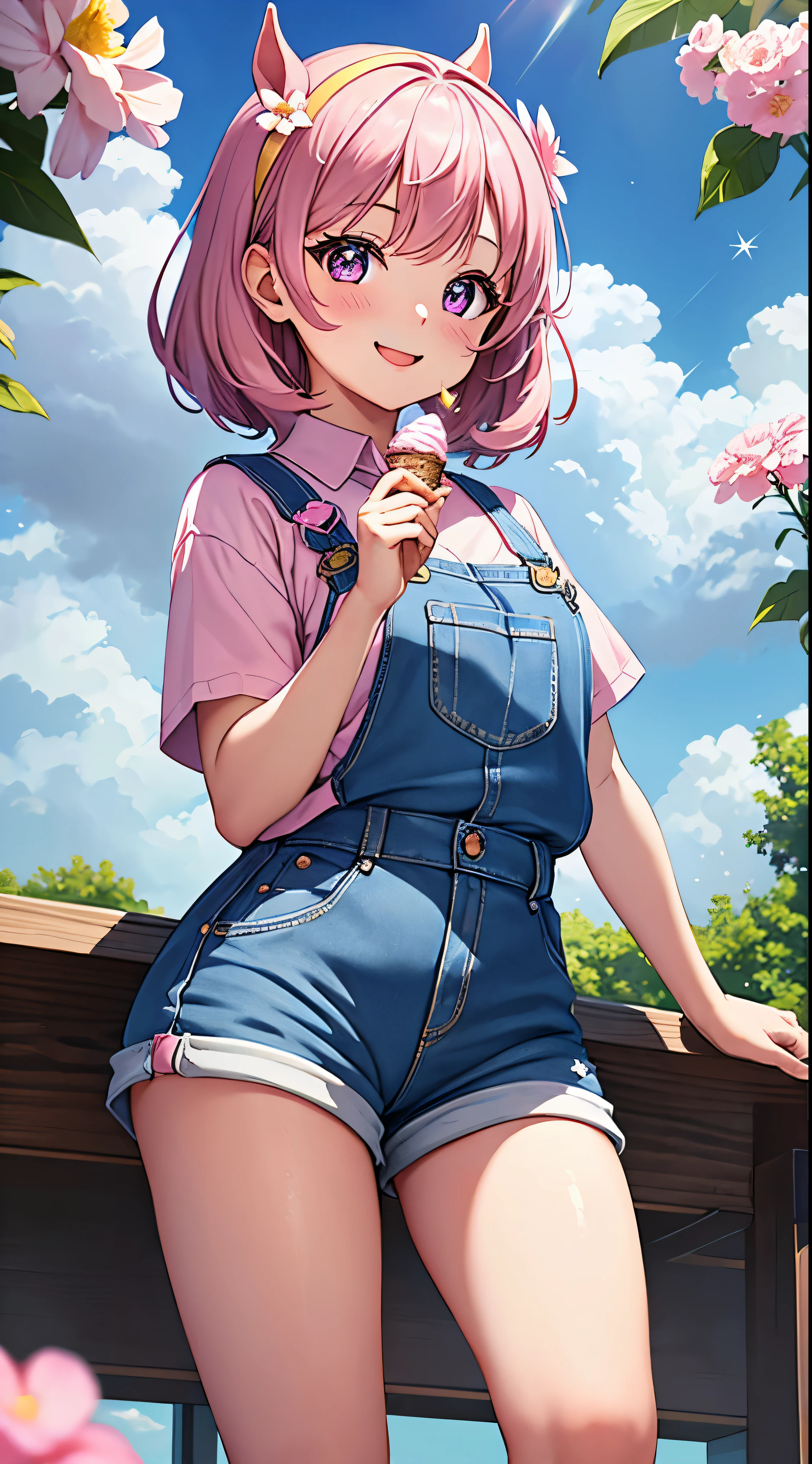 masterpiece、first-class、1girl、solo、Haruurara、Oversized overall shorts、Pink Shirt、ice cream cone、Horse tail accessories(0.6)、Open-mouthed and smiling broadly、Surrounded by a cloudy background、The flower-shaped pupils sparkle.。