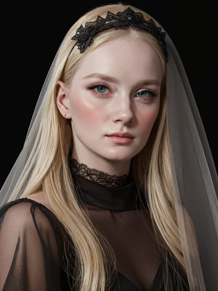 a blonde woman wearing black veil with a black dress and a black veil, in a high renaissance style, portrait , baroque portrait, in a renaissance style, realistic renaissance portrait,, inspired by Jean-Étienne Liotard, in renaissance style, renaissance portrait, porcelain pale skin, baroque hair