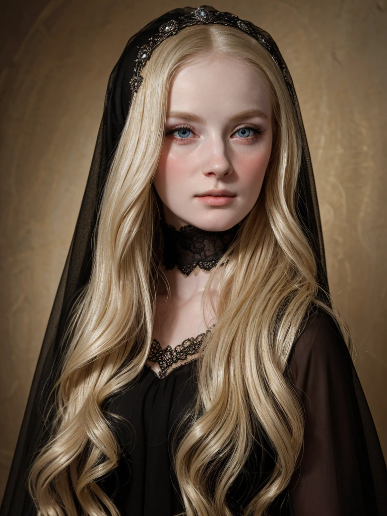 a blonde woman wearing black veil with a black dress and a black veil, in a high renaissance style, portrait , baroque portrait, in a renaissance style, realistic renaissance portrait,, inspired by Jean-Étienne Liotard, in renaissance style, renaissance portrait, porcelain pale skin, baroque hair