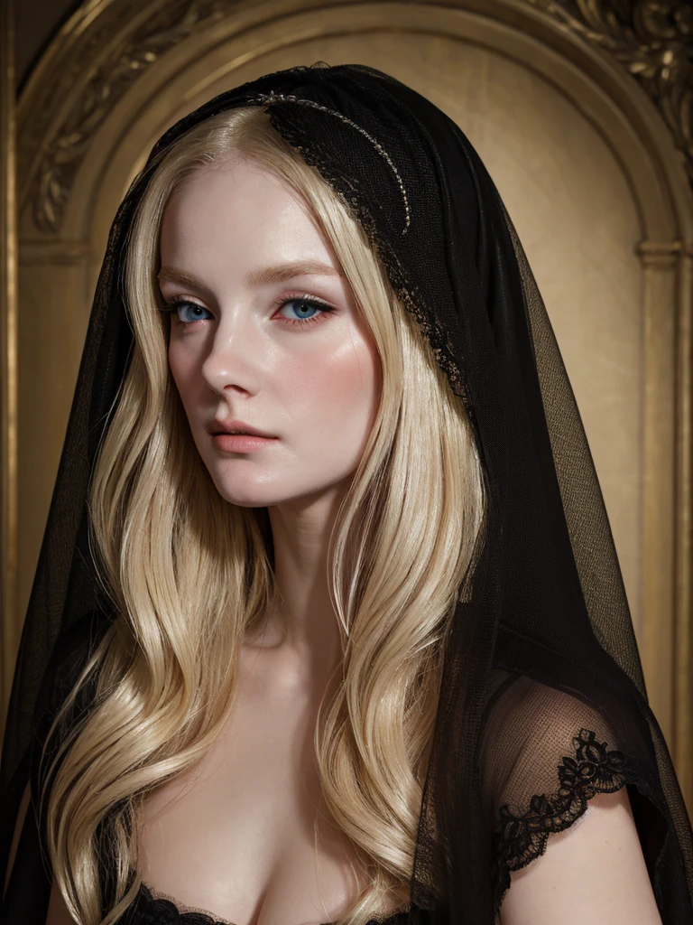 a blonde woman wearing black veil with a black dress and a black veil, in a high renaissance style, portrait , baroque portrait, in a renaissance style, realistic renaissance portrait,, inspired by Jean-Étienne Liotard, in renaissance style, renaissance portrait, porcelain pale skin, baroque hair