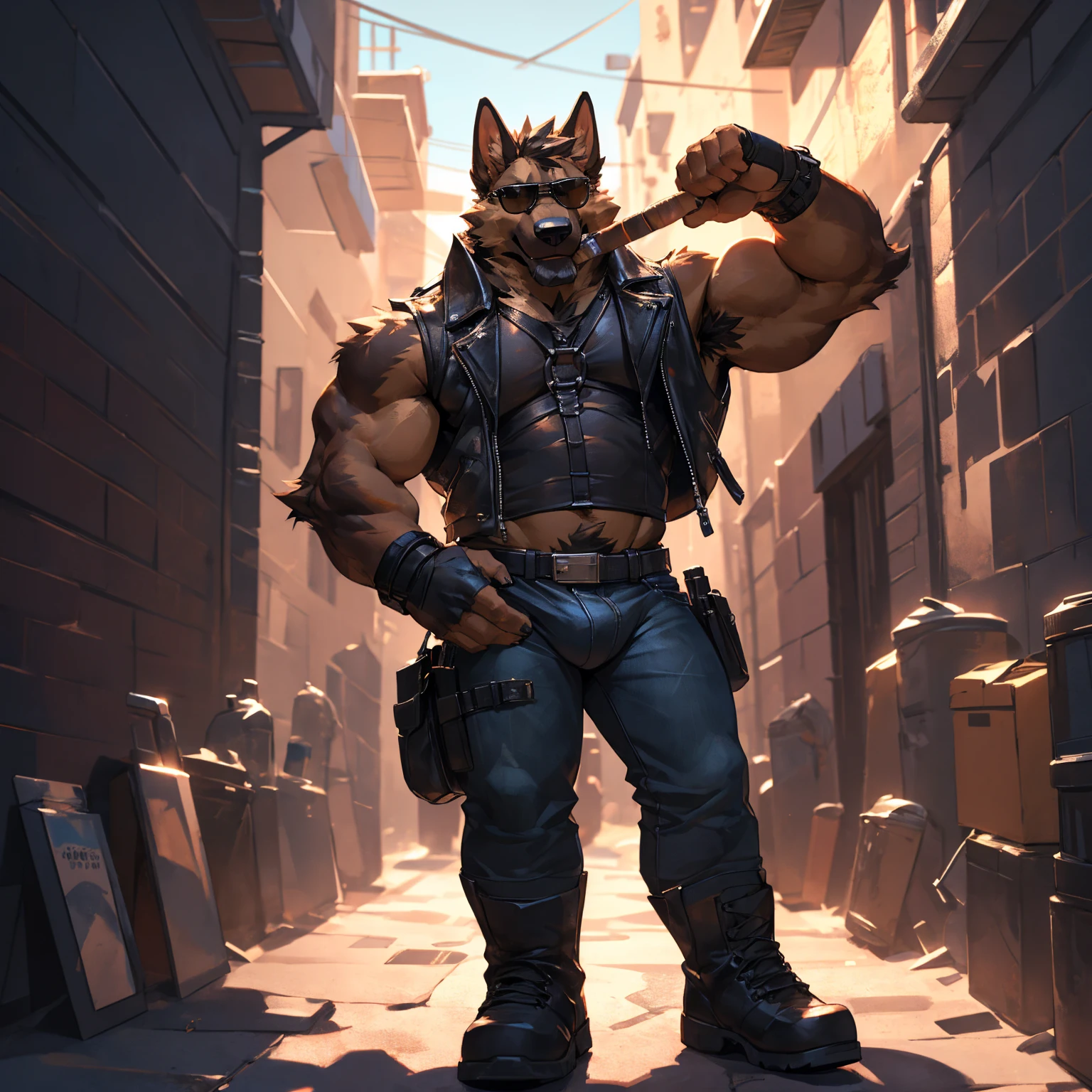 Solo, male, medium muscular, german shepherd, dog, biker, hairy chest, leather vest, blue jeans, leather chest harness, gun holster, gun,leather fingerless gloves, fingerless gloves, workboots, boots, cigar, cigar in mouth, nipple piercing ((focus body, furry focus, shades focus, body shades)) nice body, standing, parked motorcycle, posing, one arm raised, flexing one arm, exposed right armpit, armpit hair, bulge, groping bulge, left hand on bulge, touching crotch, model, light, shades, 4k, high quality (((alley background, outside))), by darkgem, by mystikfox61