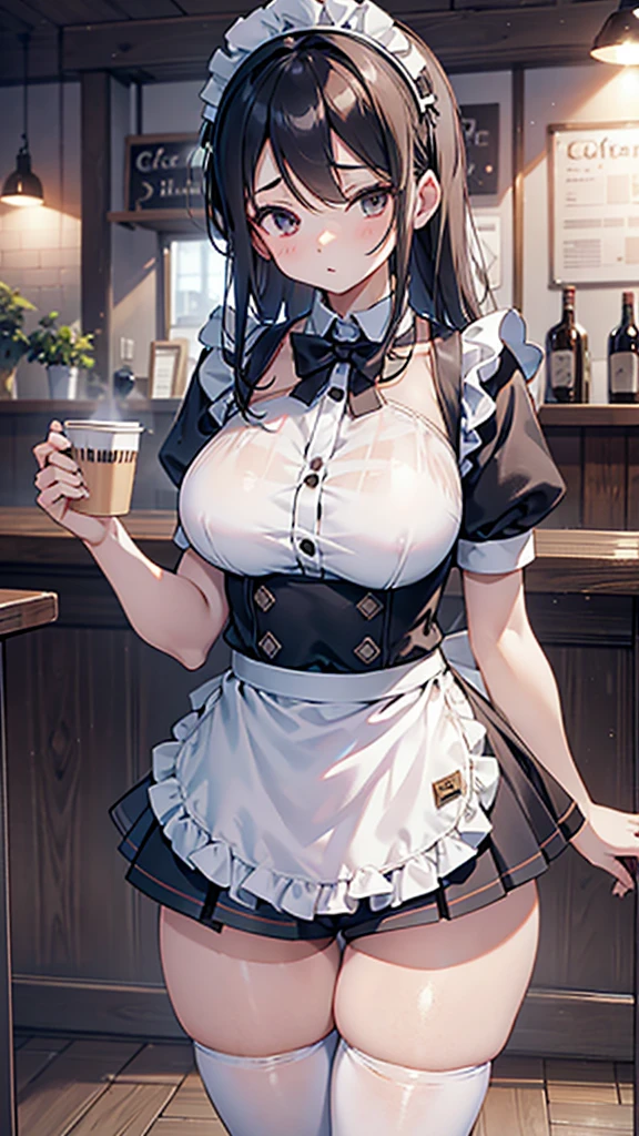 Coffee shop background，Coffee shop background，Indoor background，Tables and Chairs，Bar，Maid girl，Wearing a maid outfit，Big breasts，Maid headband，futanari，Hip bulge，Bulge between the thighs，cute，Long hair，Mature，charming，Bulge between the thighs，Bulge between the thighs，Hip bulge，cute，Pants，shorts，Short skirt，Culottes，Close-up shot from waist up