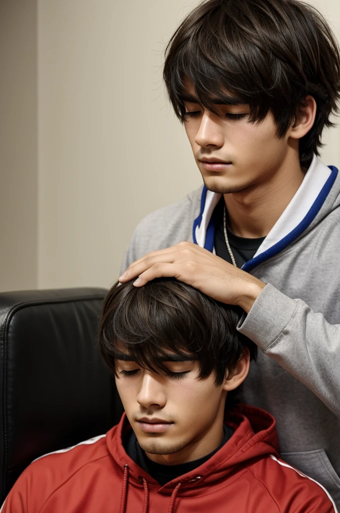 Injured young man, with short and messy hair, the bangs almost covering his eyes 