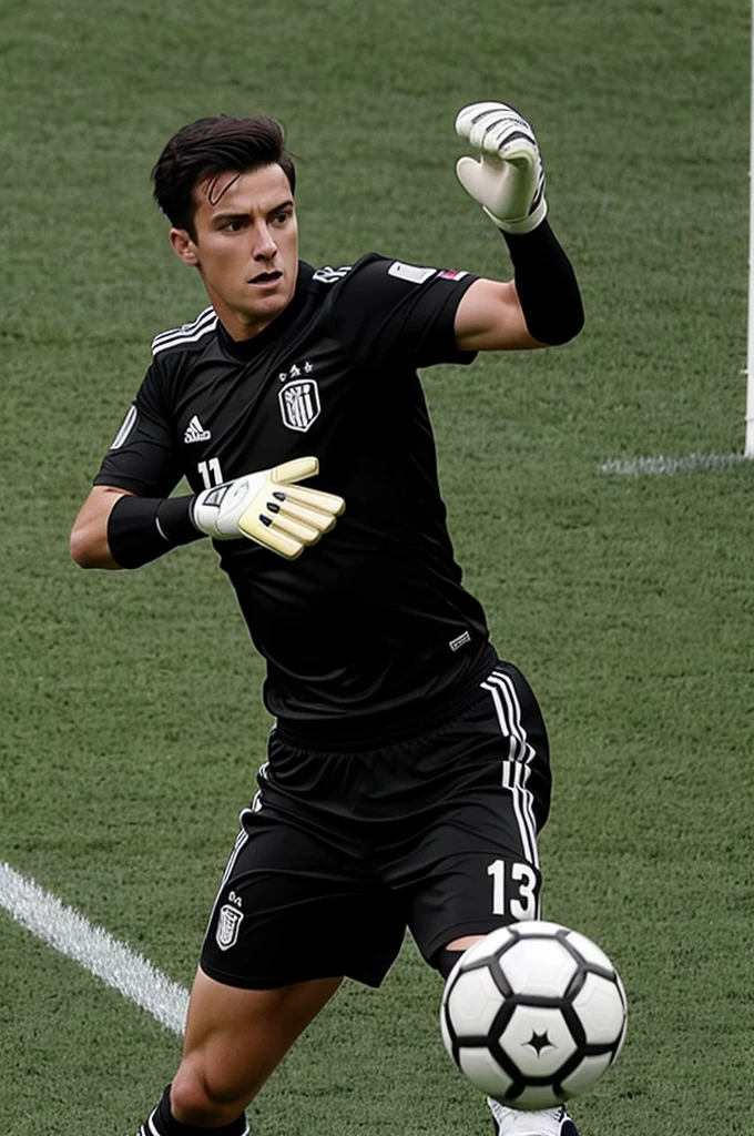 "A dark-haired soccer goalkeeper with short hair, dressed in a black uniform and white goalkeeper gloves, catching a ball. The image is realistic and shows the action in detail."
