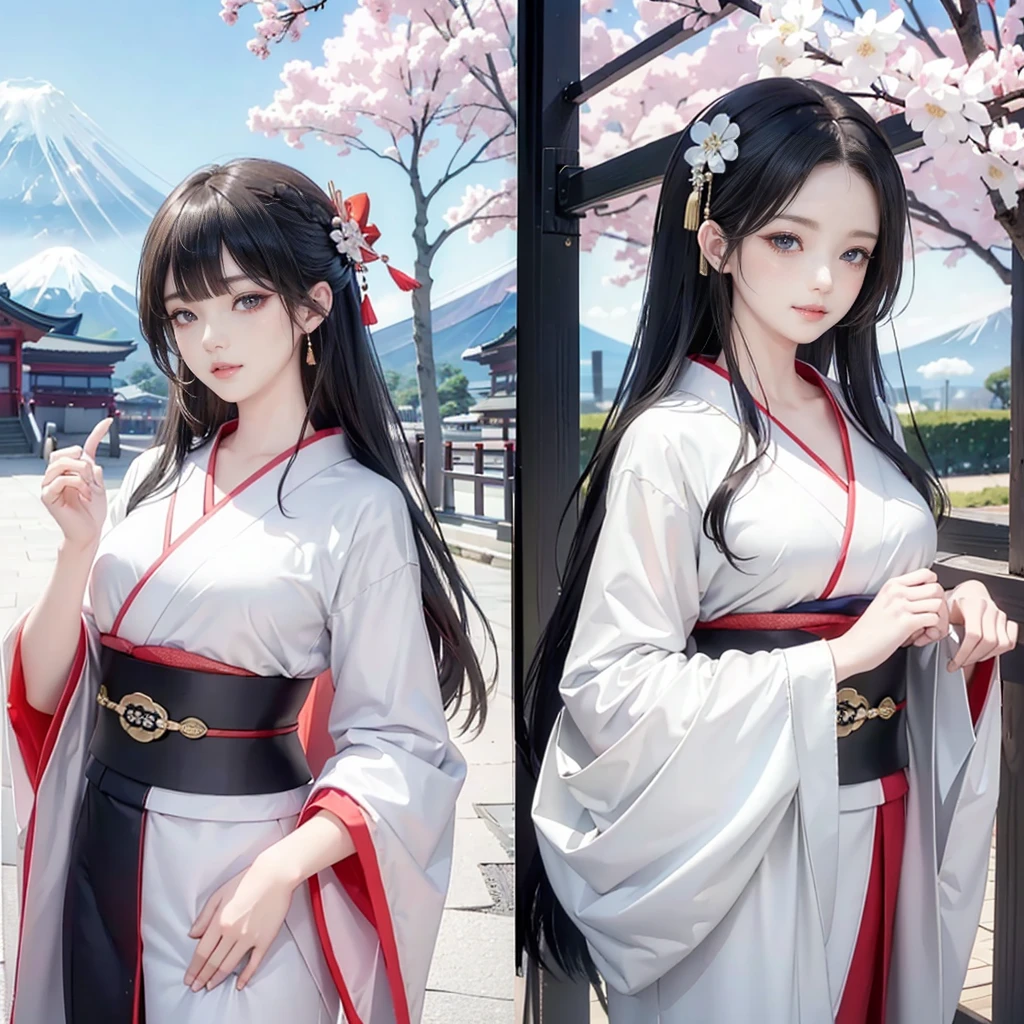 ((Biologically correct limb count))、((Natural finger shape))、(( Full-body photo including face))、4K、masterpiece、

((Focus on the face))、((Symmetrical facial features))、Eye for detailed depiction、Beautiful woman、Excellent style、

Photographed from the front、masterpiece、Highest quality、High resolution、High-quality images、8K、Skin Radiance、Texture of skin and clothing、

 Expression of fine eyes、Shiny Hair,Long Hair Girl, Manga inspired by Lee Jong-suk, 

Trending on deviantart, realism, detailed manga style, Manga art style, 

Perfect Line Drawing, Beautiful line art, digital manga art girl, K-POPアイドル, dress, Beautiful brown eyes, 

Fuller lips, Gorgeous face with attention to detail, (Cute Smile), attractive, Innocent, 

(Perfectly detailed face), (Detailed and carefully drawn hand) Photorealistic images,

 Written boundary depth, Japanese style princess cut hairstyle, 

best quality, masterpiece, New Year, (Kimono with strikingly beautiful colorful colors:1.3), 

Three Japanese high-school cute girls, looking straight, gently smiling, white short scarf, 

white feather shawl, (separately side by side:1.4), 

(The image shows only the upper body:1.4), shrine background, (mount Fuji:1.3)

,winter(season),(outdoors:1.5)