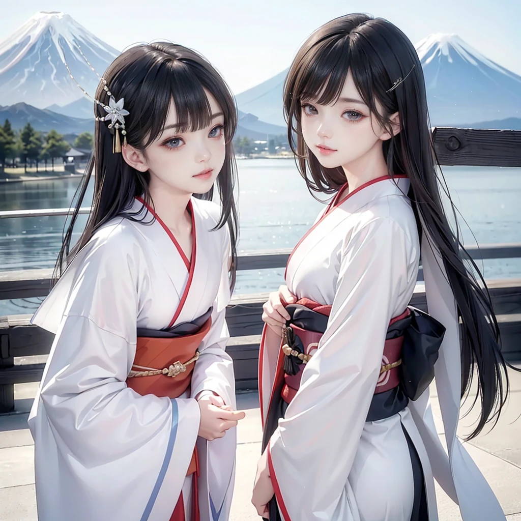 ((Biologically correct limb count))、((Natural finger shape))、(( Full-body photo including face))、4K、masterpiece、

((Focus on the face))、((Symmetrical facial features))、Eye for detailed depiction、Beautiful woman、Excellent style、

Photographed from the front、masterpiece、Highest quality、High resolution、High-quality images、8K、Skin Radiance、Texture of skin and clothing、

 Expression of fine eyes、Shiny Hair,Long Hair Girl, Manga inspired by Lee Jong-suk, 

Trending on deviantart, realism, detailed manga style, Manga art style, 

Perfect Line Drawing, Beautiful line art, digital manga art girl, K-POPアイドル, dress, Beautiful brown eyes, 

Fuller lips, Gorgeous face with attention to detail, (Cute Smile), attractive, Innocent, 

(Perfectly detailed face), (Detailed and carefully drawn hand) Photorealistic images,

 Written boundary depth, Japanese style princess cut hairstyle, 

best quality, masterpiece, New Year, (Kimono with strikingly beautiful colorful colors:1.3), 

Three Japanese high-school cute girls, looking straight, gently smiling, white short scarf, 

white feather shawl, (separately side by side:1.4), 

(The image shows only the upper body:1.4), shrine background, (mount Fuji:1.3)

,winter(season),(outdoors:1.5)