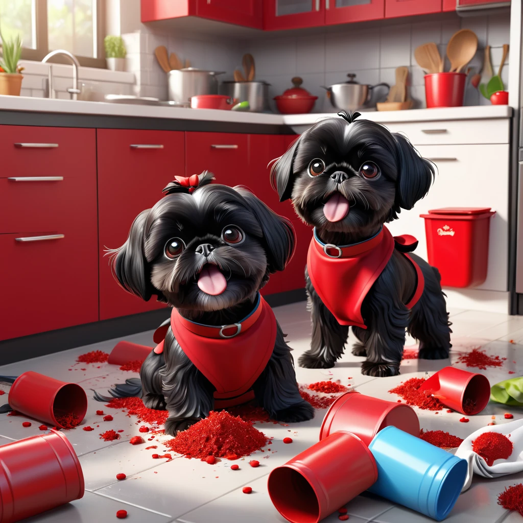 2 Adorable small black Shih Tzu puppies wearing red collars and aprons playing in trash making a mess in Disney kitchen 3d cartoon, 3d render, disney pixar style