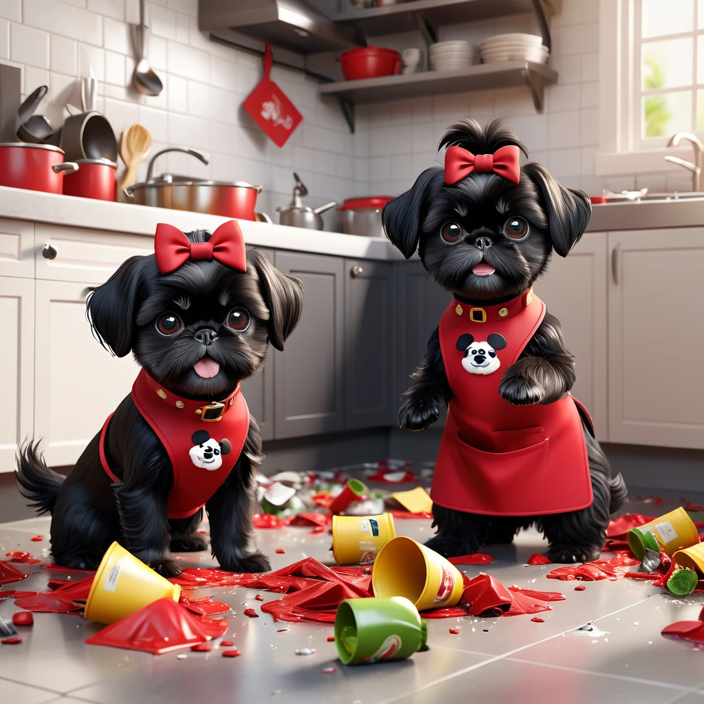 2 Adorable small black Shih Tzu puppies wearing red collars and aprons playing in trash making a mess in Disney kitchen 3d cartoon, 3d render, disney pixar style