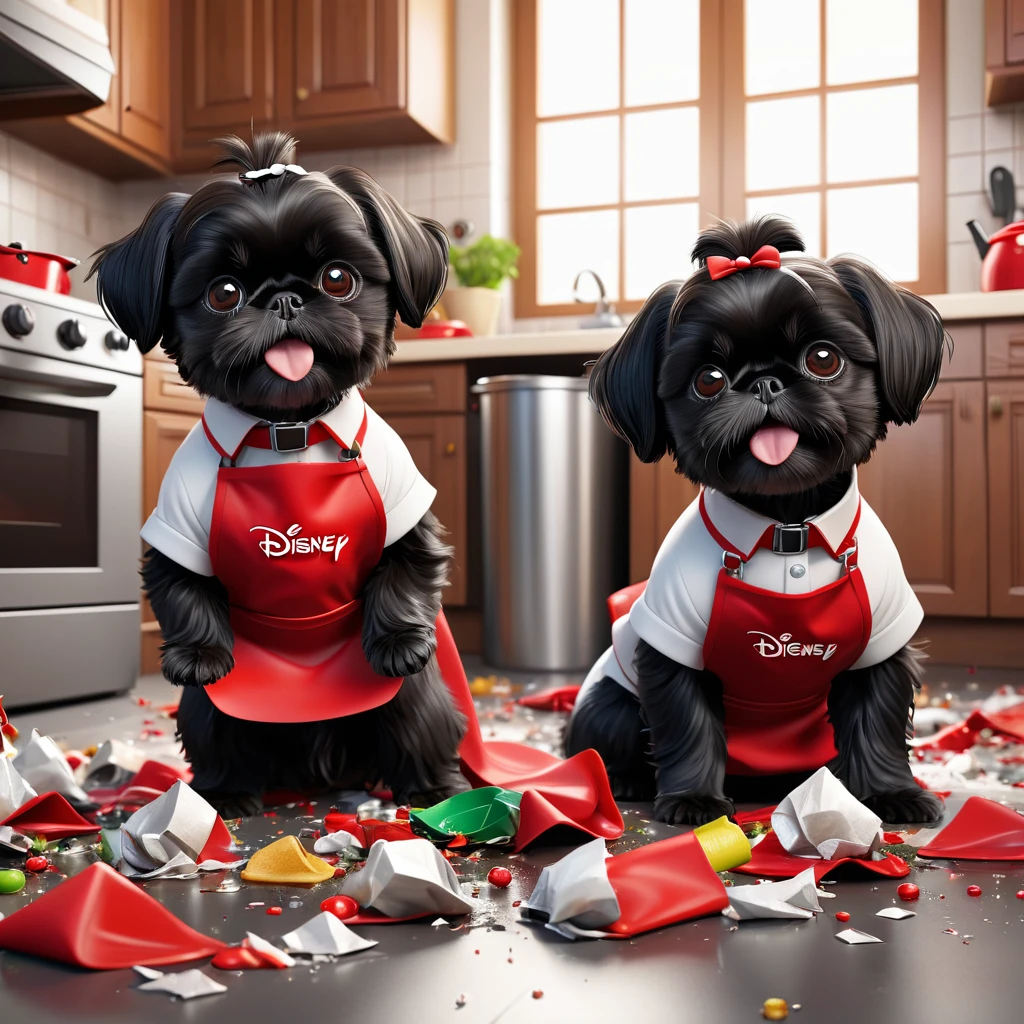 2 Adorable small black Shih Tzu puppies wearing red collars and aprons playing in trash making a mess in Disney kitchen 3d cartoon, 3d render, disney pixar style
