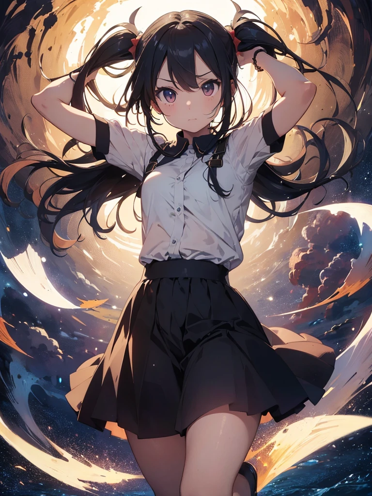 (low angle,from below),((masterpiece, highest resolution,best quality)), (beautiful illustration), ((semi long beautiful black hair,blunt bangs,pony tail,beautiful eyes)),(solo),(Japanese high ,sailor,mini skirt),(looking at the viewer), (walking on the moon),(crater,night sky,moon surface,space craft,green earth),(innocent cute smile), (cinematic lighting),