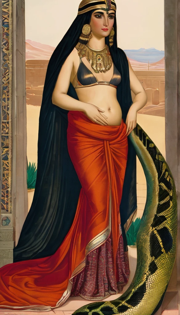 Femme mature ( 30 ans), corps très sexy , a l'Égypte antique, forte poitrine, avec une peau de serpent, dans un temple égyptien, porte une robe rouge et maron couleur sable, moule le corps, vêtements transparent, femme avec de long cheveux raide noirs orné de nombreux bijoux, la femme est très enceinte de serpent, sa poitrine est gonflé de lait, la femme a des crochets de serpent visible lorsqu'elle sourit, la femme a des yeux doré a pupilles reptilienne, la femme et une femme serpentz