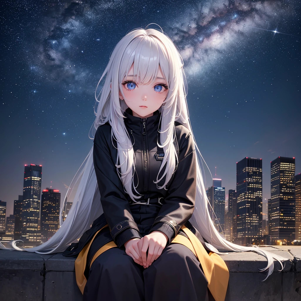 A detailed portrait of a girl sitting outdoors at night, looking at the starry sky with the milky way, surrounded by a night cityscape with buildings silhouetted against the night sky, long white hair. (best quality, 4k, 8k, high resolution, masterpiece: 1.2), ultra detailed, extremely detailed eyes and face, beautiful detailed eyes, beautiful detailed lips, sky, stars, landscapes, starry night, night, 1 girl, night sky ,alone,outdoor,building,milky way,sitting,city,cityscape. perspective from behind.