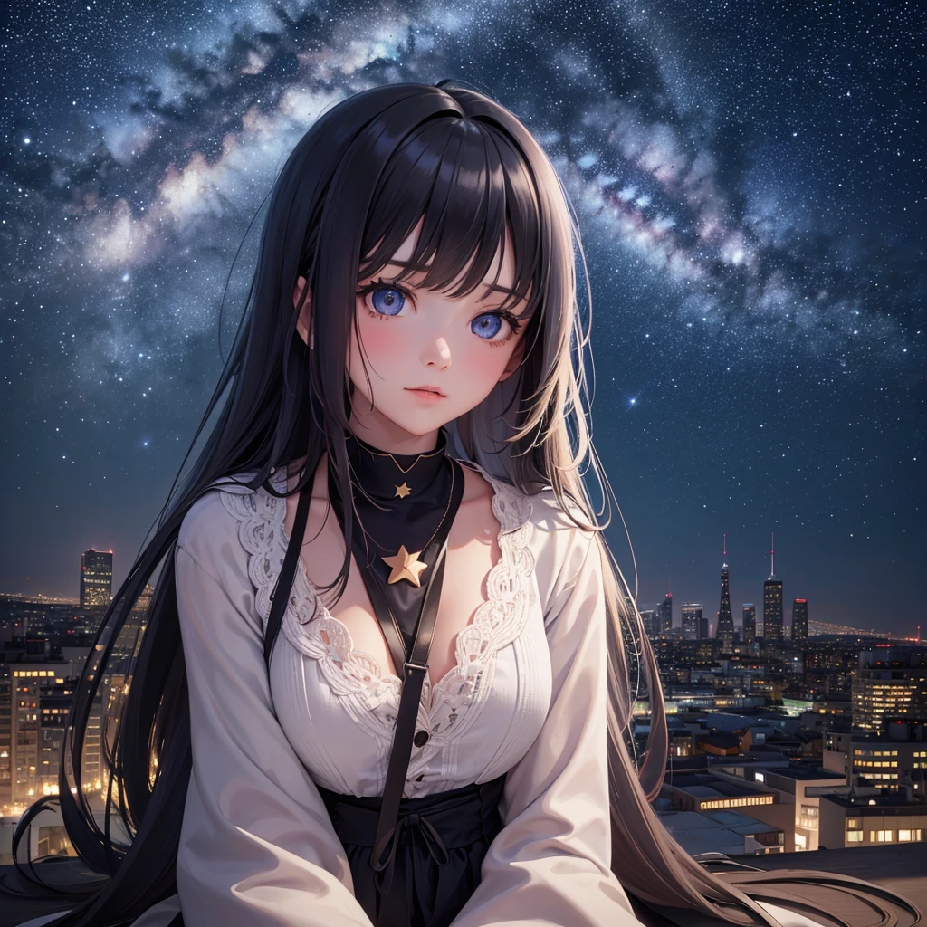 A detailed portrait of a girl sitting outdoors at night, looking at the starry sky with the milky way, surrounded by a night cityscape with buildings silhouetted against the night sky, long white hair. (best quality, 4k, 8k, high resolution, masterpiece: 1.2), ultra detailed, extremely detailed eyes and face, beautiful detailed eyes, beautiful detailed lips, sky, stars, landscapes, starry night, night, 1 girl, night sky ,alone,outdoor,building,milky way,sitting,city,cityscape. perspective from behind.