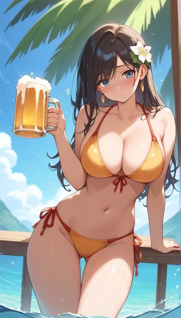 (score_9,score_8_up,score_7_up,score_6_up),masterpiece,best quality, source anime, rating_explicit, (((masterpiece))), (((best quality))), ((ultra-detailed)), ((illustration)), (1girl), (beautiful Japanese woman), (long black hair), (blue eyes), beautiful beach background, (wearing traditional bikini), (detailed face), (perfect anatomy), (detailed lighting front), (serene expression), (minimalist style),(cleavage:1.1), golden hour, (high contrast), blush, confused, vivid color , gold neckless, (drinking beer), ((swetty)), joyful expression