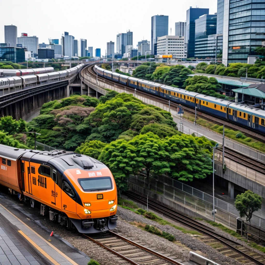 Japan。train。home。銀色のtrain。青いラインの装飾のtrain。City。Cityのhome。Standard Rail