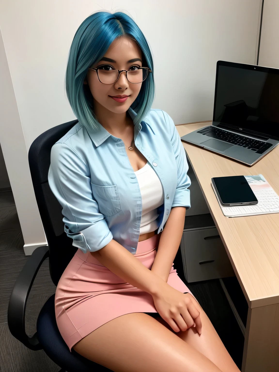 (blue hair:1.4), short hair, realistic green eyes, cobalt hair,  long bob hair, tousled hair, shoulder length hair, Full body, woman with white skin and Asian features, 24 year old, big breast. She has a small, elegant nose with a slight upward curve at the tip. Her lips are full and naturally pink, with a well-defined Cupid's bow. Her teeth are straight and white, enhancing her captivating smile. Her face has an oval shape with high cheekbones that add to her model-like appearance. (crack), detailed (texture!, shine, color!!, flaws: 1.1), highly detailed glowing eyes, (looking at camera), specular light, dslr, extreme quality, crystal clear, cute face, detailed skin pores, oil Dark skin, brown, complex eye details, she is far from the camera, A full-body portrait, captured from a distance. Dynamic Frame, 8K, Best Quality,  (casual white tight tube top shirt with pink blazer), (pink pencil half skirt), eyeglasses, stilettos, front view, at office room, ((Sitting on the office chair), (working with laptop)), professional photography, realistic, studio lighting, dynamic light, cinematic, conceptual, perspective, candid, short hair
