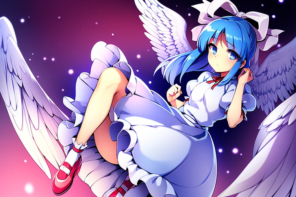 masterpiece, best quality, 1girl, , , 10 years old, medium blue hair, hair flaps, pink ribbon on head, well-formed face, blue eyes, angel girl, white blouse, puffy short sleeves, red ribbon, angel wings, long white skirt, red shoes, frills, ribbon head