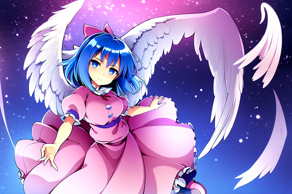 masterpiece, best quality, 1girl, , , 10 years old, medium blue hair, hair flaps, pink ribbon on head, well-formed face, blue eyes, angel girl, white blouse, puffy short sleeves, red ribbon, angel wings, long white skirt, red shoes, frills, ribbon head
