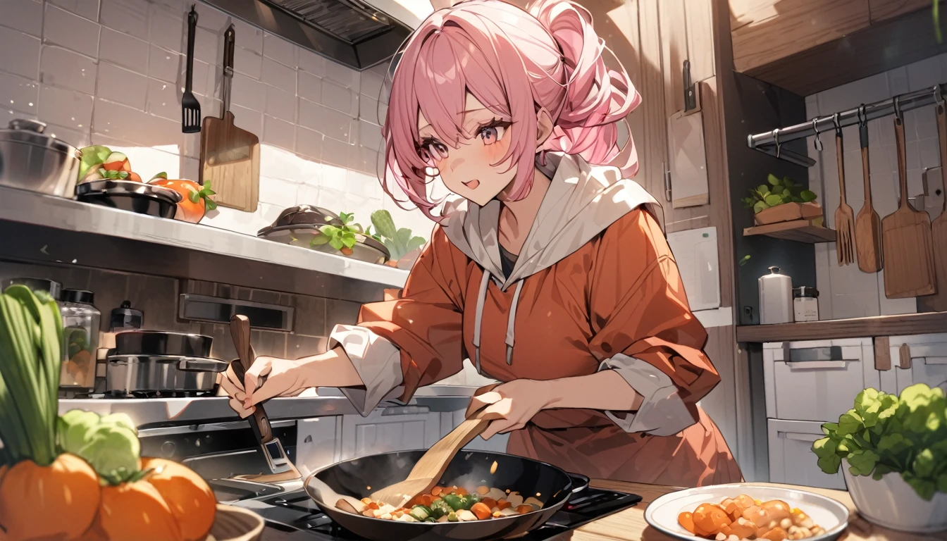 (Highest quality), Girl preparing food in kitchen with vegetables and frying pan,Pink Hair
