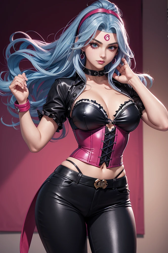 19 year old girl wavy blue hair pink headband gray eyes happy face Transylvania detailed body pirate corsair shirt crimson corset black leather pants gypsy drawn jojo style bizarre adventure