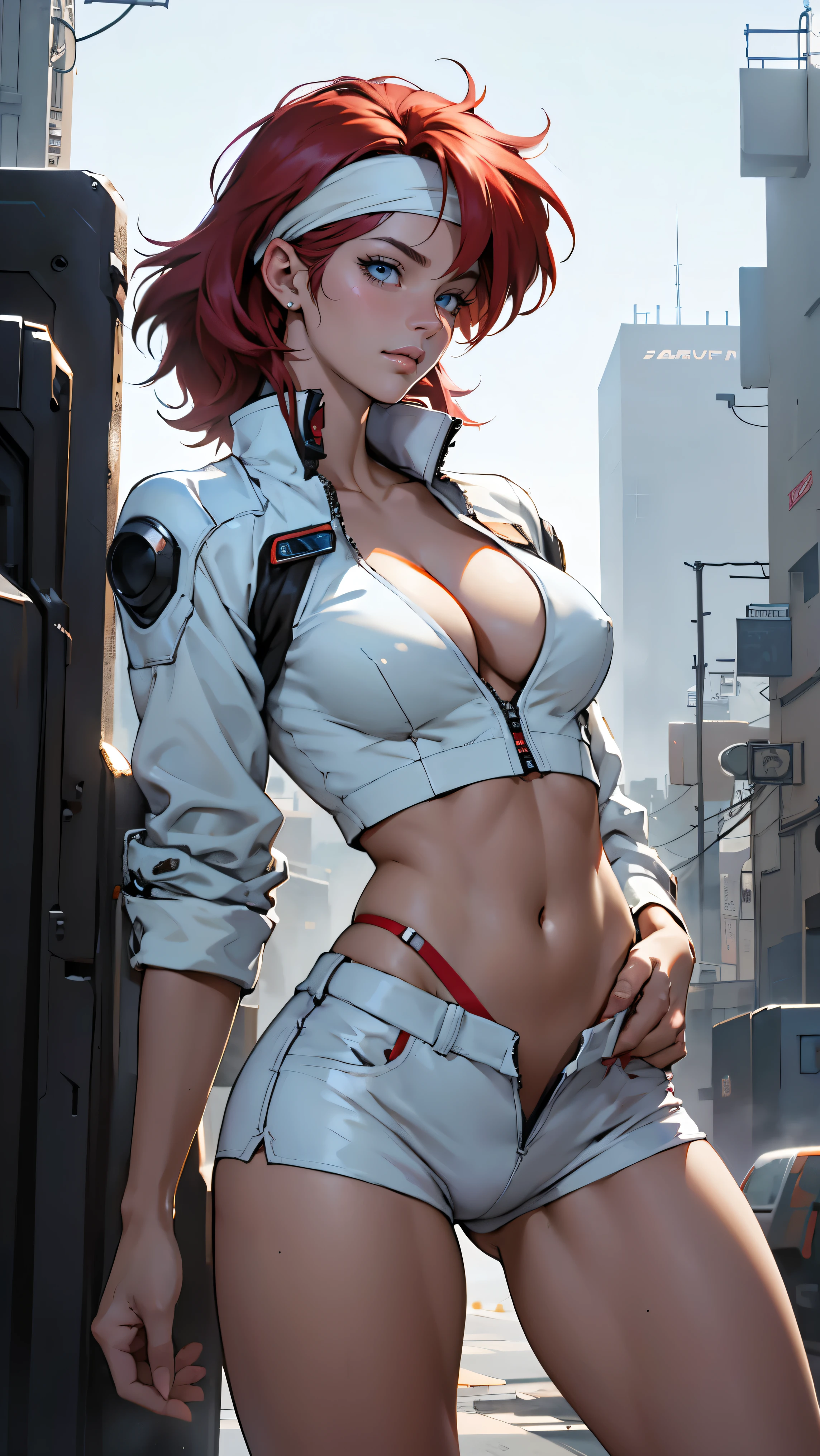 ((Masterpiece, highest quality; 1.3)), super quality, beautiful detail, super detailed, extra fine, 16K, exquisite, absurd, high resolution, beautiful background, detailed background, beautiful eyes, beautiful skin, anime style, Kay from Dirty Pair in a white outfit, tight outfit, cleavage, bushy redhead beauty, very light blue uniform, wearing tight clothes, skimpy, (mid chest: 1.2), cleavage, cleavage, slim waist , thin waist, slim thighs, thin legs, slim legs. thigh gap, showing stomach, skinny, thin hips, cyberpunk city background, holding retro space gun , headband,