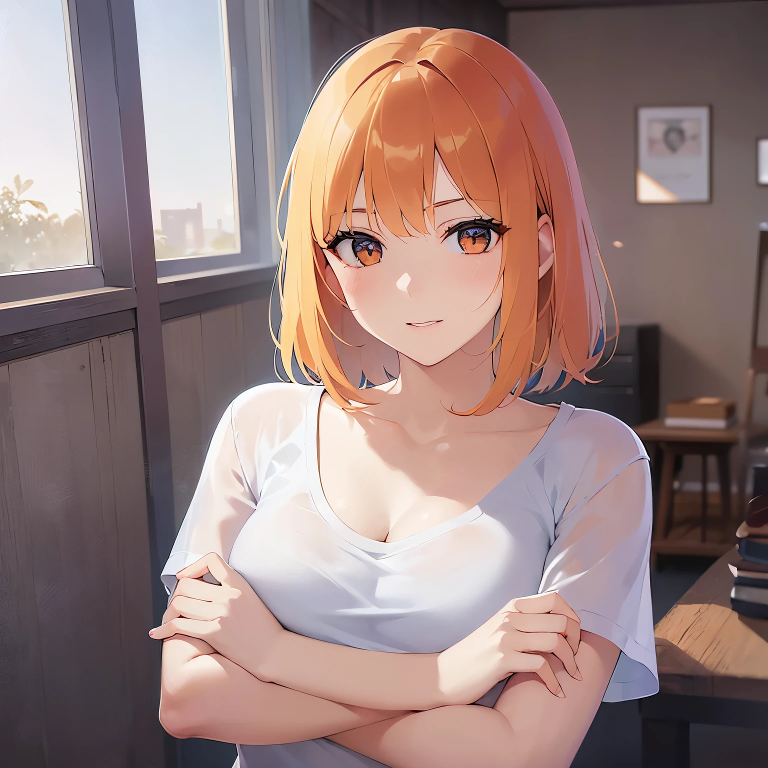 Upper Body, Realistic, real person, (pale skin: 1.2), RAW photo, photorealistic, shiny skin, shiny hair、(A 25-year-old woman with a bob cut and bangs) and (orange hair) and (Orange Eyes) , Wearing a white V-neck T-shirt ,evil smile, The background is the living room at night、Alone、Arms crossed
