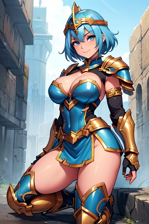 female, gold short hair, blue eyes, (((1girl))), (((gold and blue gladiator armor))), (white skirt), (black armors boots), (blue metal gauntlets), (gold and blue winged helmet), cute and sexy, full body, large breasts, large butt, long legs, smiling