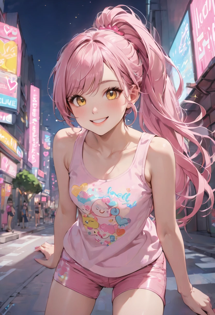 (pink style) (in a cute Tank top, Hot pants), (solo:2, 15 yo, ponytail pink hair long hair lovely girl, cute yellow eyes, love smile), in the pop city, BREAK, perfect anatomy, masterpiece, best quality, 16k, beautiful detailed grow, daydreaming expression.