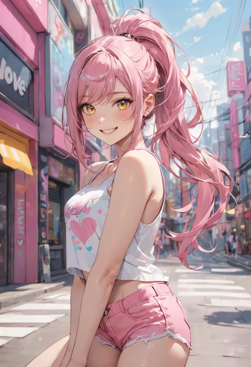 (pink style) (in a cute Tank top, Hot pants), (solo:2, 15 yo, ponytail pink hair long hair lovely girl, cute yellow eyes, love smile), in the pop city, BREAK, perfect anatomy, masterpiece, best quality, 16k, beautiful detailed grow, daydreaming expression.