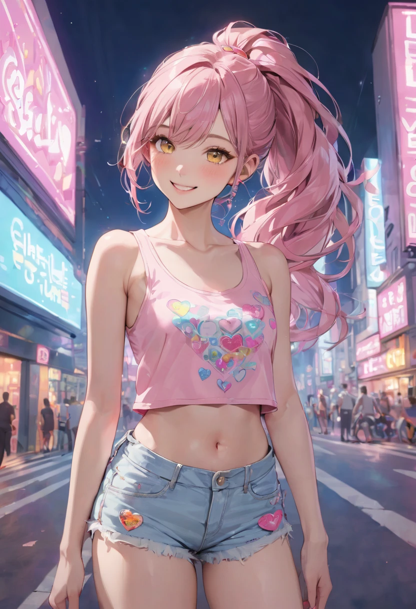 (pink style) (in a cute Tank top, Hot pants), (solo:2, 15 yo, ponytail pink hair long hair lovely girl, cute yellow eyes, love smile), in the pop city, BREAK, perfect anatomy, masterpiece, best quality, 16k, beautiful detailed grow, daydreaming expression.