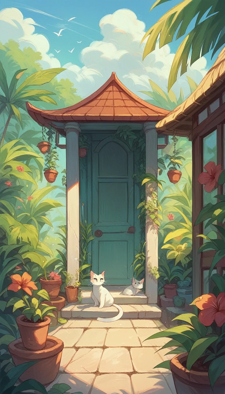Scottish Fold Cat, Adorable, Tropical Garden, Lakeside, I can see the house in the distance.