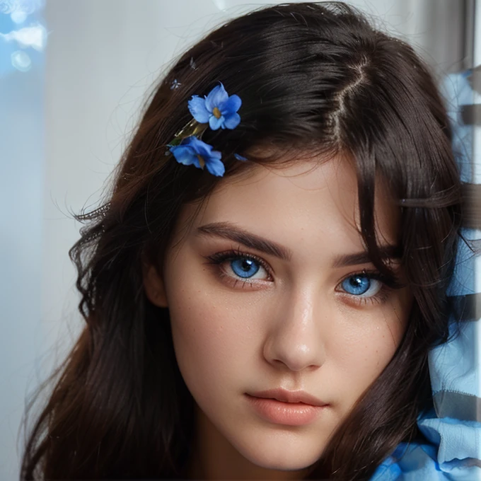 Gorgeous woman with long black hair and blue shirt posing for a picture, light blue symmetric eyes, detailed flawless face, close up face, detailed unblurred face, profile image, headshot profile picture, 20 years old woman, 20 years old woman, full face close up portrait, real detailed face, perfect detailed face