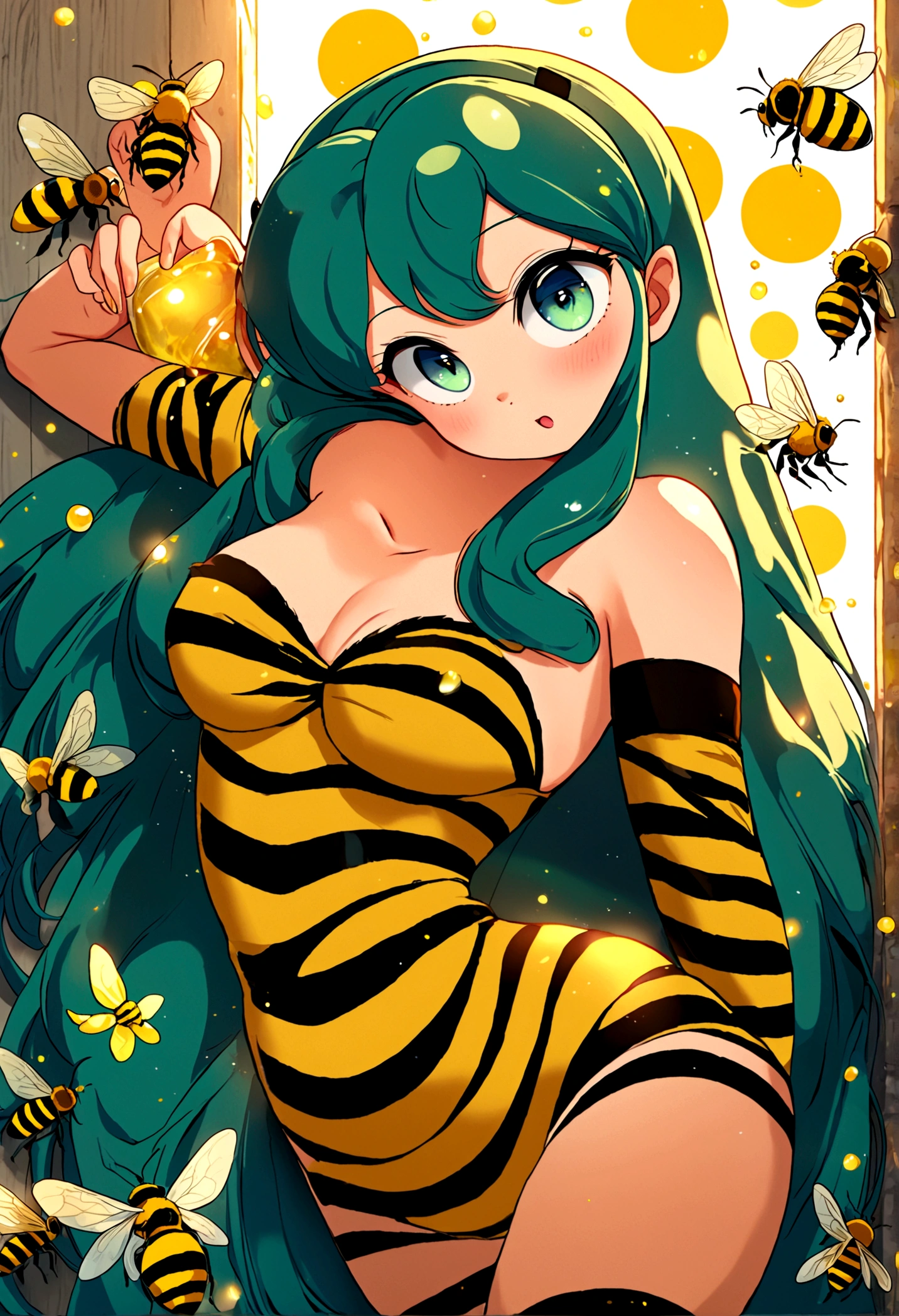 score_9, score_8_up, score_7_up, score_6_up, source_anime, 1girl, solo, lum, long hair, bangs, green hair, blue eyes, tiny horns, aqua hair, eyeshadow, a girl wearing a bee costume, antennae headband, black leotard, fishnet pantyhose, wrist cuffs, fake insect wings, standing in an apiary with beehives, whole mouth filled with honey, licking honey from fingers, looking directly at the viewer, (best quality, 4k, 8k, highres, masterpiece:1.2), ultra-detailed, HDR, UHD, ultra-fine painting, sharp focus, physically-based rendering, extreme detail description, professional, vivid colors, bokeh, medium breasts, blush, fang, perfect fingers, perfect hands, (horny), (flirtatious look),