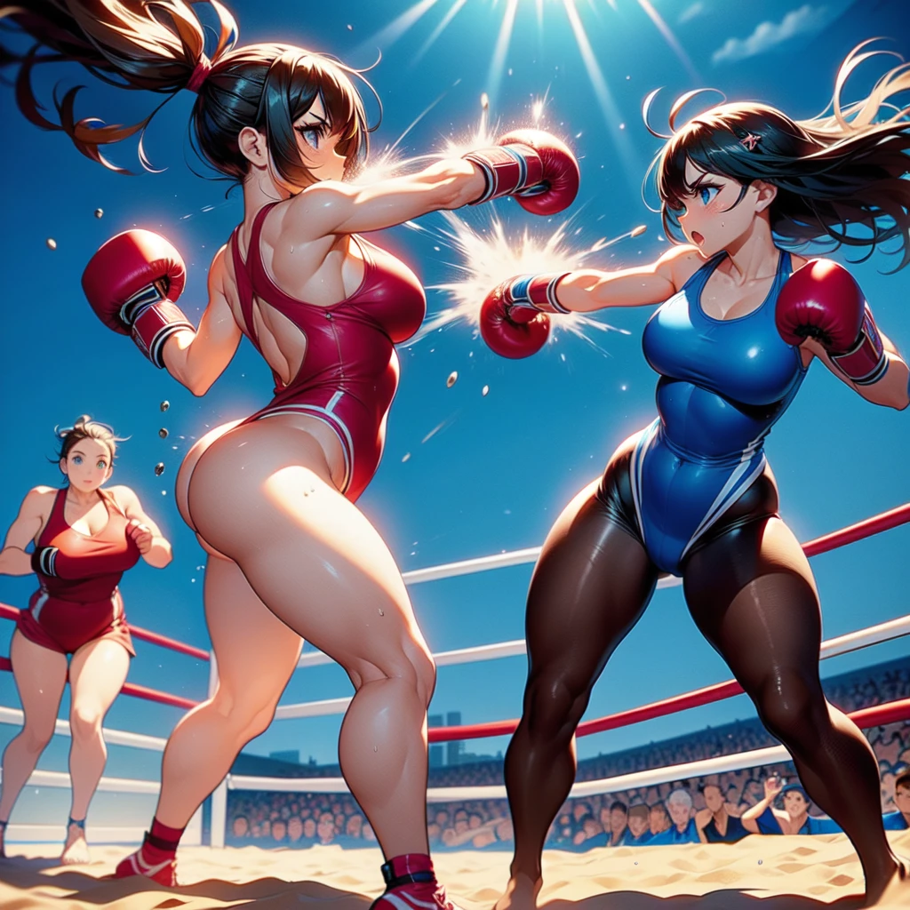 NSFW , on the beach boxing ring , Small woman and big woman , Fullbody shot , Wear Monokini swimsuit with pantyhose , Female boxing Face to face, oversized breasts.