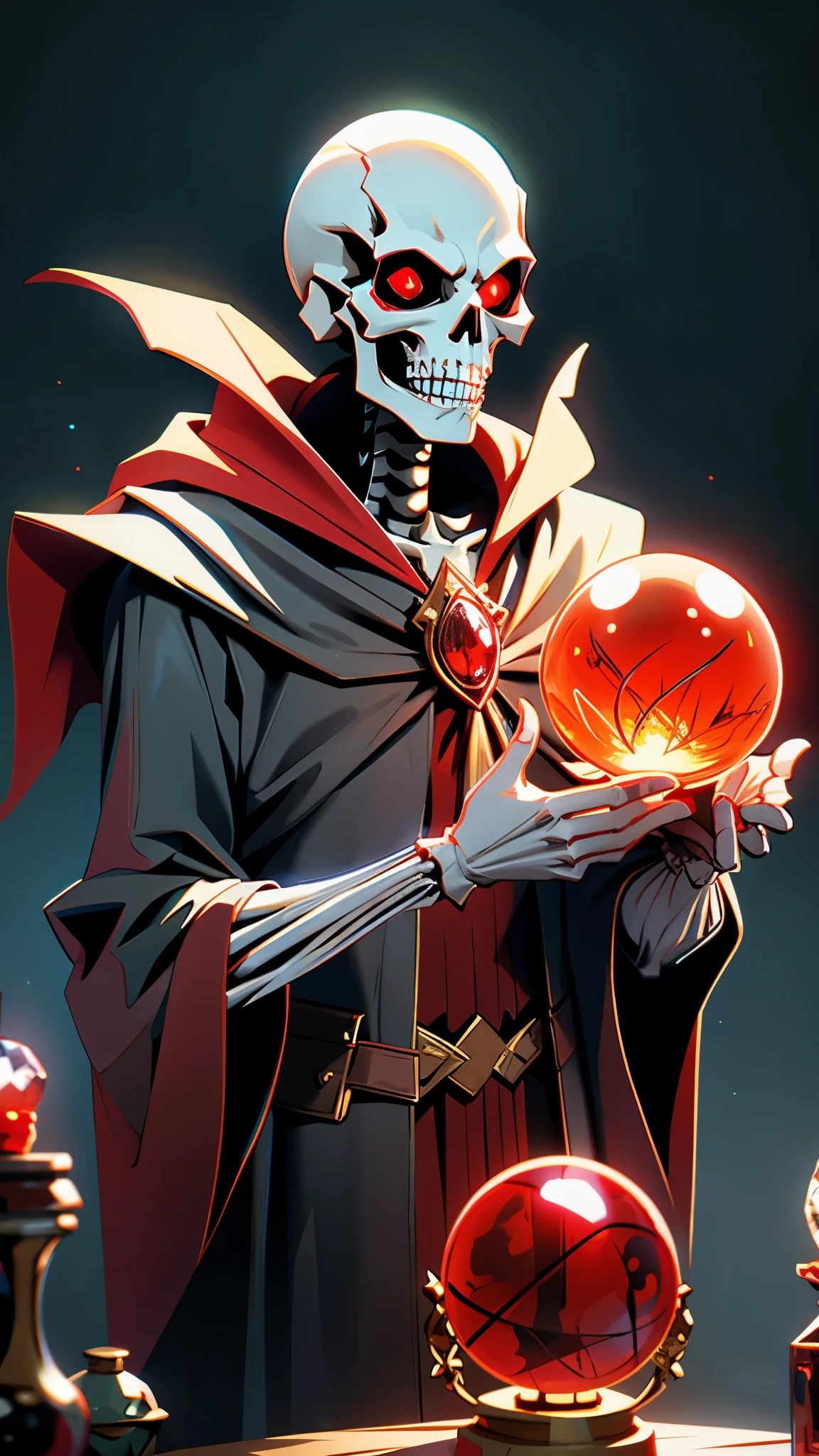 8k, extremely detailed, film lighting, a wizard skeleton, with red eyes, holding a crystal ball