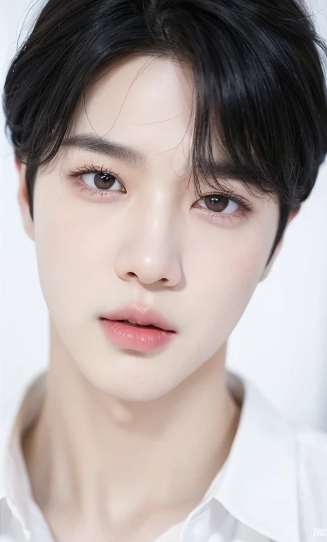 a close up of a person with a white shirt and black hair, jimin\'s plump lips, jimin, jimin\'s right eyelid swollen, park jimin, jimin\'s grecian nose, accurate jimin face, hyung tae, taejune kim, wan adorable korean face, kim doyoung, handsome face, jungkook, jung jaehyun, handsome face and beautiful face