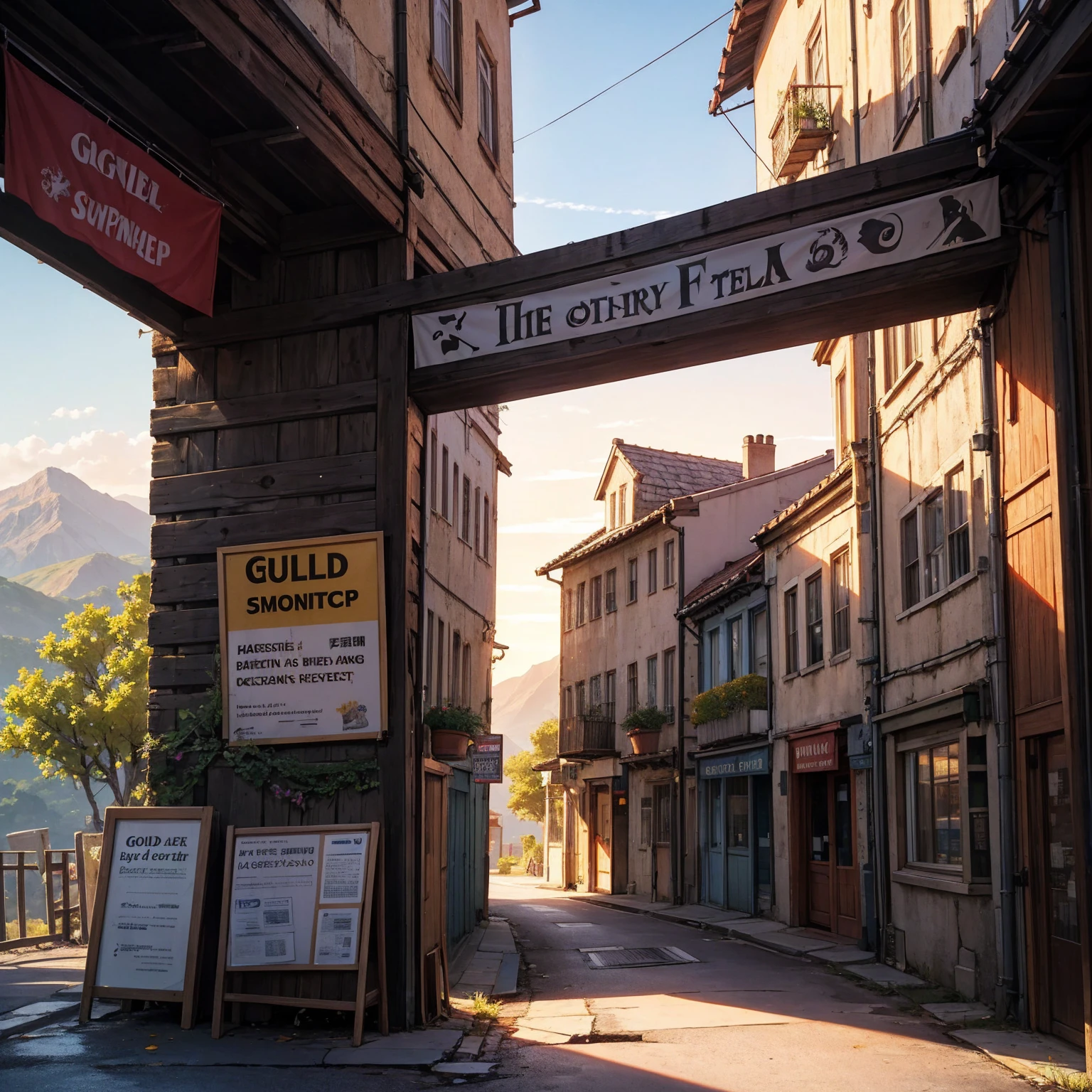 ((shop signs without letters)) medieval banners like (guild, blacksmith, alchemist, restaurant) medieval signs, hentai background, anime wallpaper, anime, anime style, lofi, lofi style, medieval street, mountains, uphill, medieval architecture, medieval convenience store, big retro medieval shop signs, retro medieval store, trees, plants, rocks, plant pots, flags, sunrise, golden lighting, empty street, no one in sight (no one: 1)