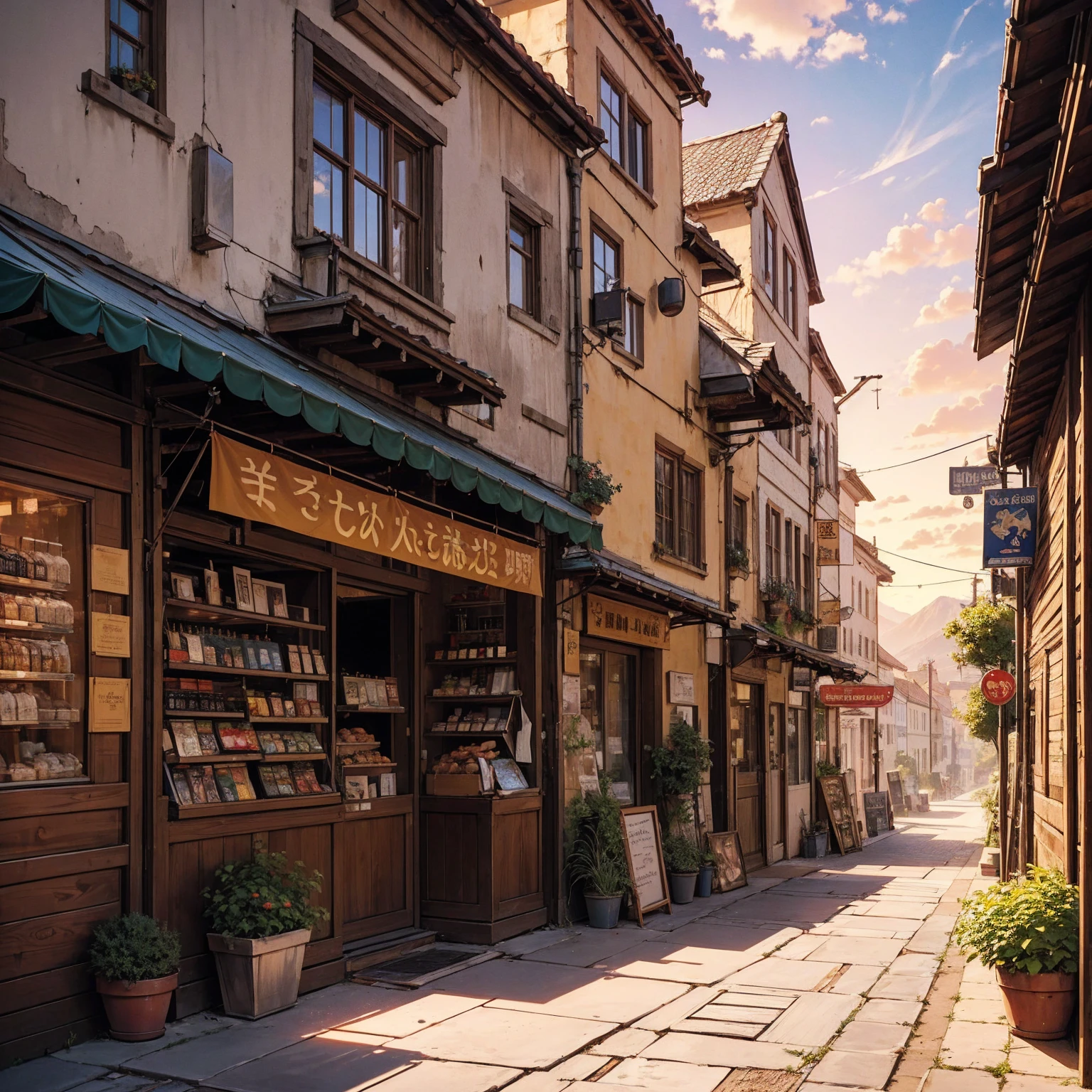 ((shop signs without letters)) medieval banners like (guild, blacksmith, alchemist, restaurant) medieval signs, hentai background, anime wallpaper, anime, anime style, lofi, lofi style, medieval street, mountains, uphill, medieval architecture, medieval convenience store, big retro medieval shop signs, retro medieval store, trees, plants, rocks, plant pots, flags, sunrise, golden lighting, empty street, no one in sight (no one: 1)
