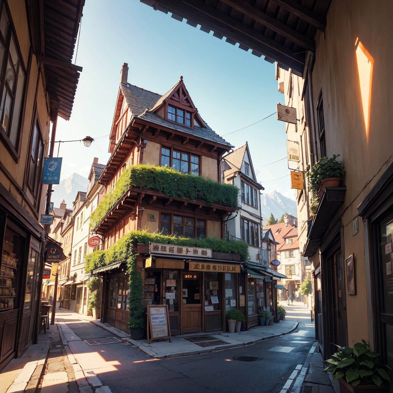 ((shop signs without letters)) medieval banners like (guild, blacksmith, alchemist, restaurant) medieval signs, hentai background, anime wallpaper, anime, anime style, lofi, lofi style, medieval street, mountains, uphill, medieval architecture, medieval convenience store, big retro medieval shop signs, retro medieval store, trees, plants, rocks, plant pots, flags, sunrise, golden lighting, empty street, no one in sight (no one: 1)