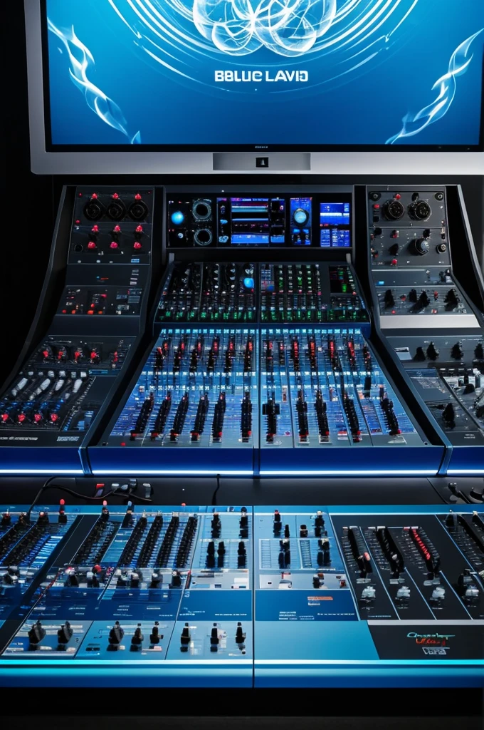 Audio recording console in blue flames