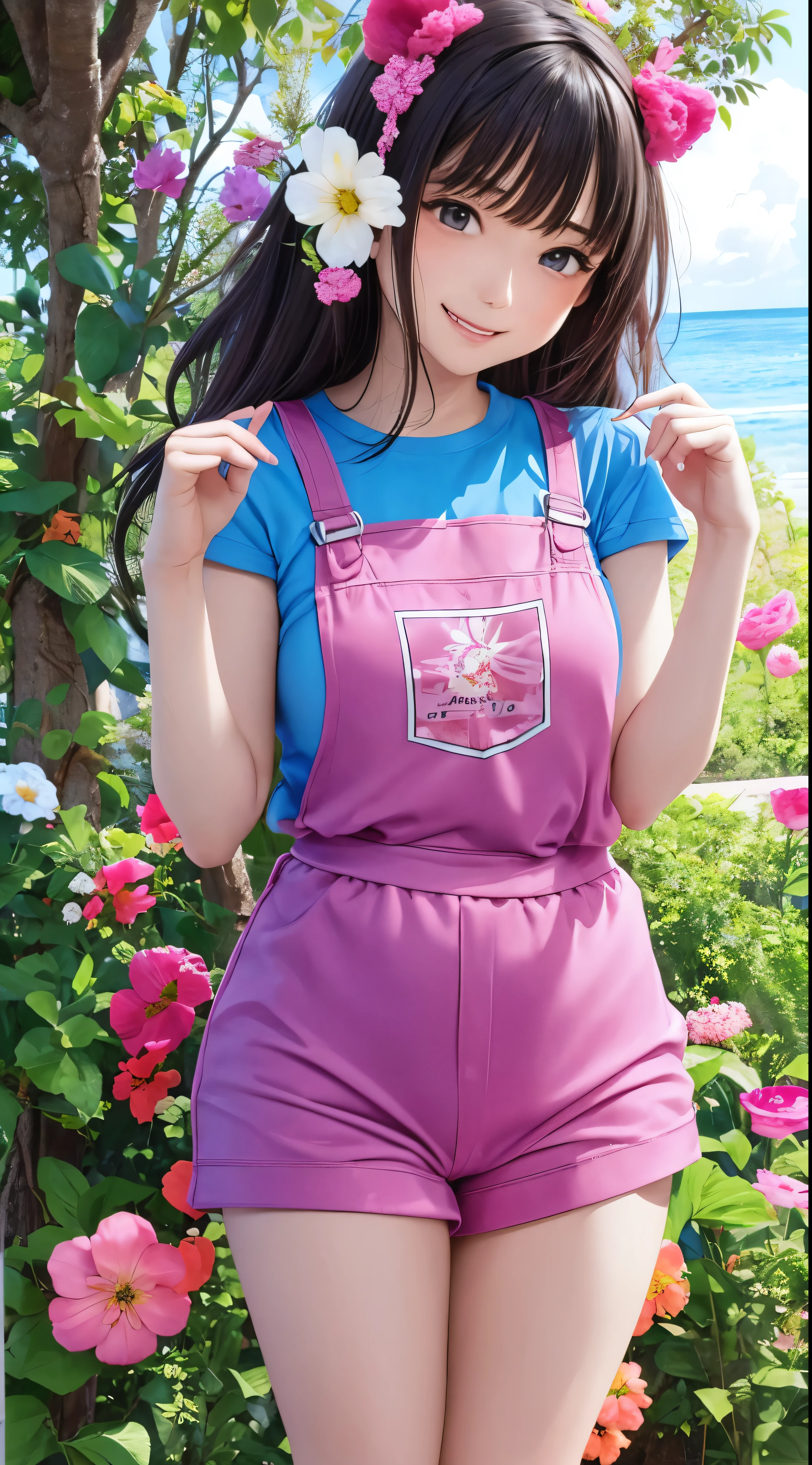 masterpiece、first-class、1girl、solo、Haruurara、Oversized overall shorts、Pink Shirt、ice cream cone、Horse tail accessories(0.6)、Open-mouthed and smiling broadly、Surrounded by a cloudy background、The flower-shaped pupils sparkle.。