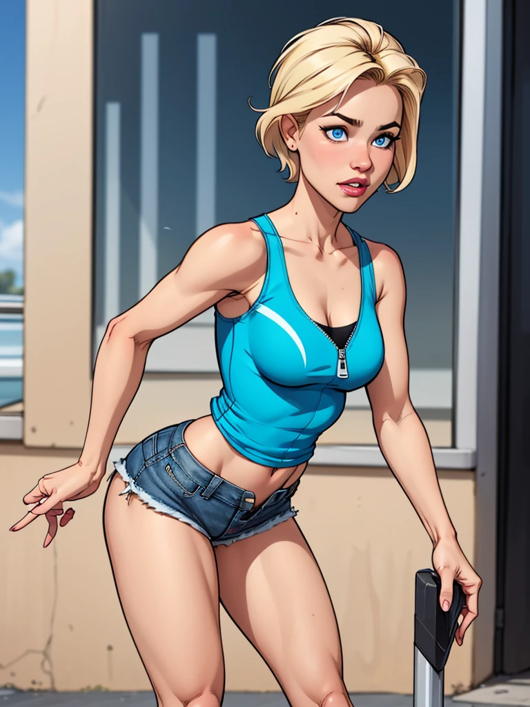 Hot blonde girl with short hair, blue colored eyes, wearing a A pair of moss green camp shorts, wearing a Belts on her shoulders, wearing a white tank top showing her belly, cleavage, defined and shiny breasts, low angle image