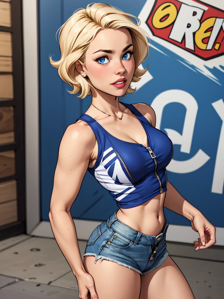 A sexy bad bitch, street style, vulgar, vulgar clothes, middle finger, blue jean shirt, croptop, teen, long blond hair, blue eyes, very black eyeliner, black nail, bitch position. Dirty street background. detailed, masterpiece, UHD