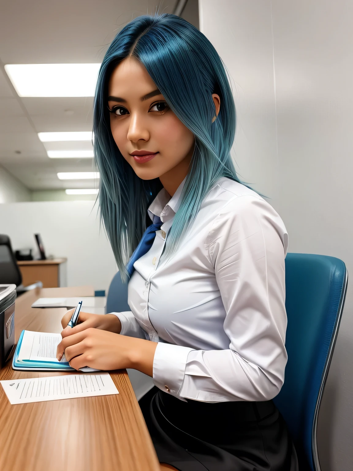 (blue hair:1.4), short hair, realistic green eyes, cobalt hair,  long bob hair, tousled hair, shoulder length hair, Full body, woman with white skin and Asian features, 24 year old, big breast. She has a small, elegant nose with a slight upward curve at the tip. Her lips are full and naturally pink, with a well-defined Cupid's bow. Her teeth are straight and white, enhancing her captivating smile. Her face has an oval shape with high cheekbones that add to her model-like appearance. (crack), detailed (texture!, shine, color!!, flaws: 1.1), highly detailed glowing eyes, (looking at camera), specular light, dslr, extreme quality, crystal clear, cute face, detailed skin pores, oil Dark skin, brown, complex eye details, she is far from the camera, A full-body portrait, captured from a distance. Dynamic Frame, 8K, Best Quality, athletic body, dark skin, ponytail, wearing a business suit top,white shirt, long sleeves, skirt, pantyhose, looking at viewer, serious, interior of a counselors office, sitting, legs crossed, holding a clipboard, extreme detail, hdr, candid shot,
, short hair
